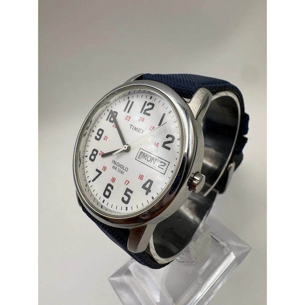 Timex T20461 Indiglo Mens Watch White Dial Day Date BRAND NEW Navy Canvas Strap